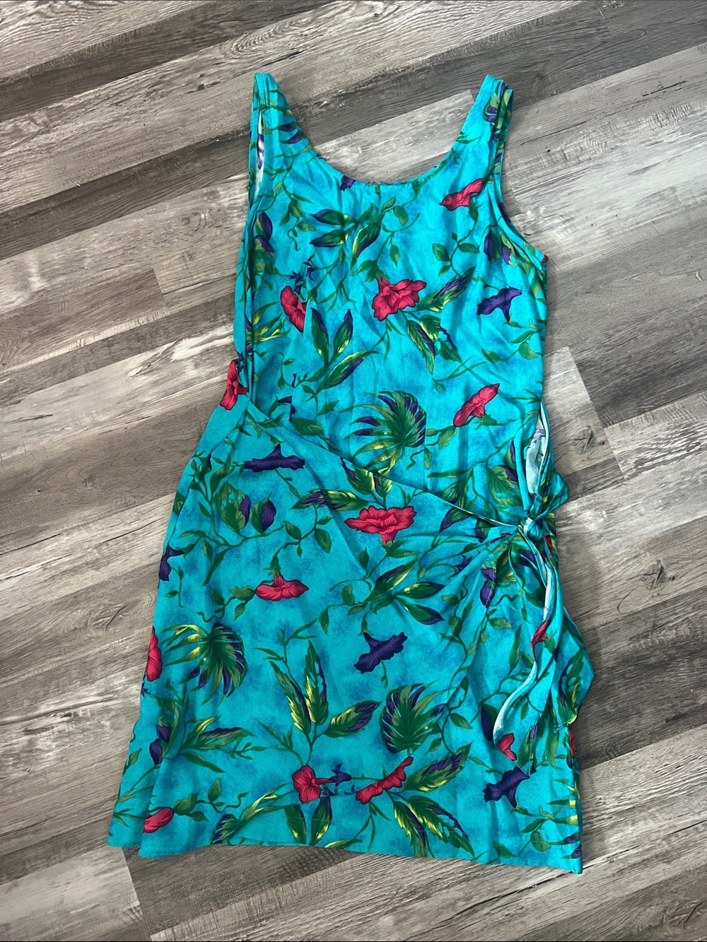 Just in Thyme Faux Wrap Dress Rayon Size 12 Turquoise Botanical Vacay